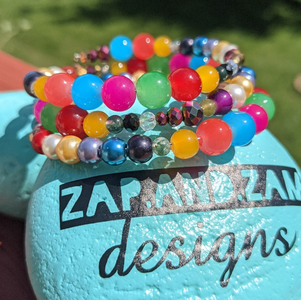 Jasper Beads Bracelet Colorful Rainbow Handmade Memory Wire Jewelry Bright Color - Picture 3 of 11